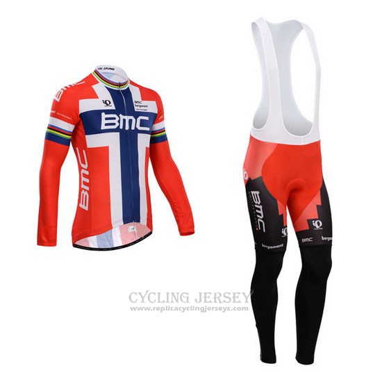 2014 Cycling Jersey BMC Champion Norway Blue and Red Long Sleeve and Bib Tight
